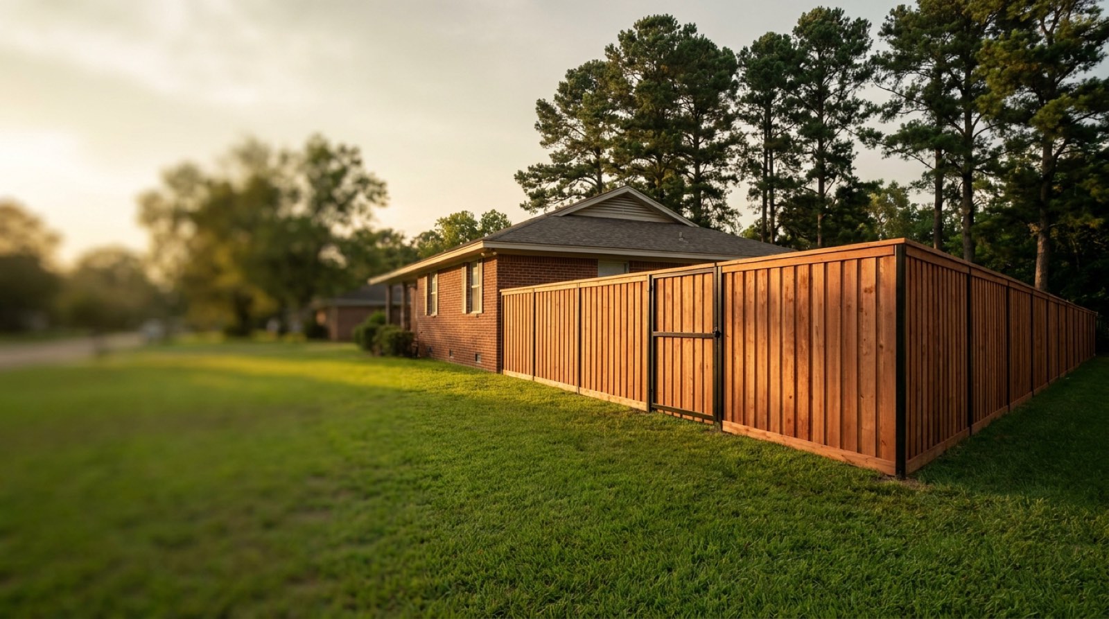 New cedar board-on-board privacy fence and gate beside a brick ranch house under tall pines