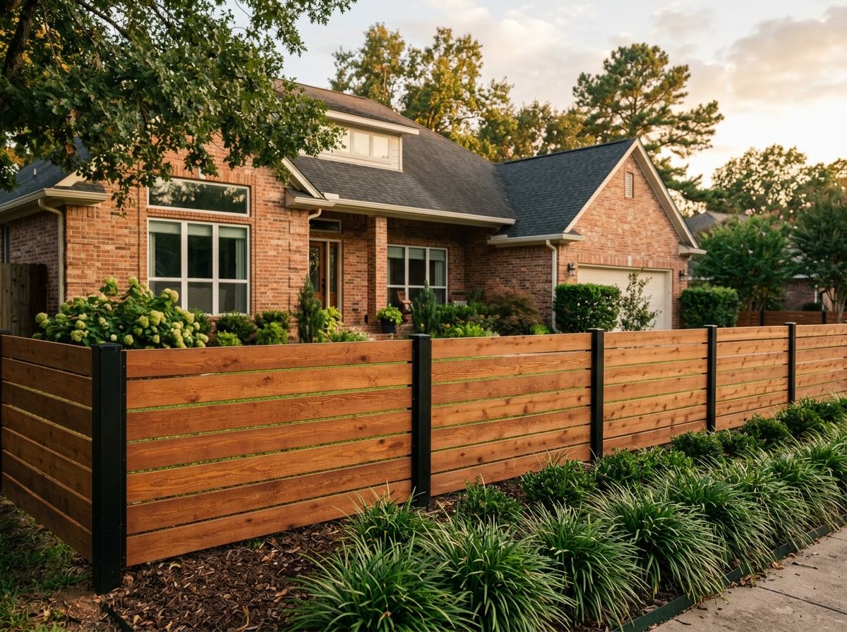 Horizontal cedar slat fence on black steel posts beside a brick house