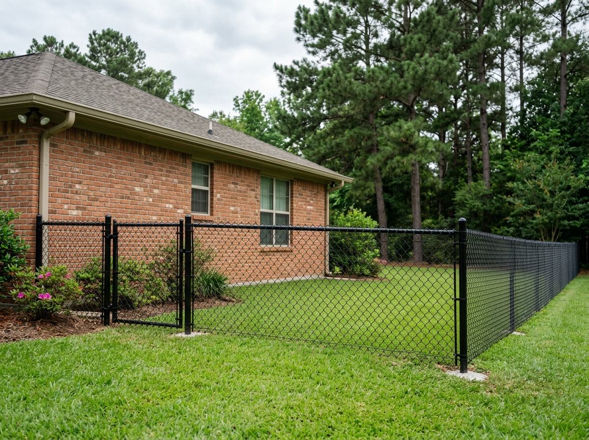 Black vinyl-coated chain link fence around a residential side yard