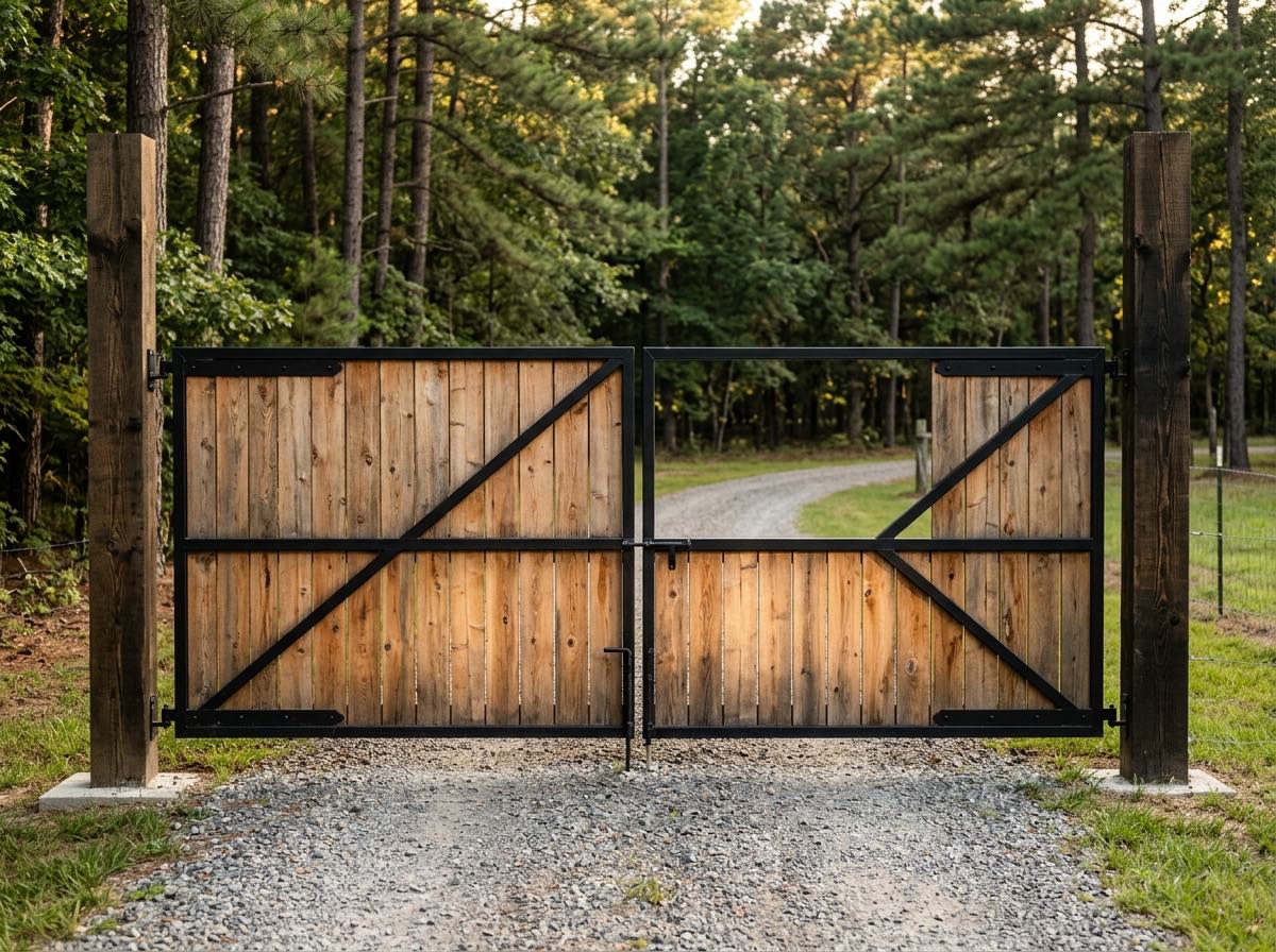Double cedar drive gate on a black steel frame across a gravel driveway