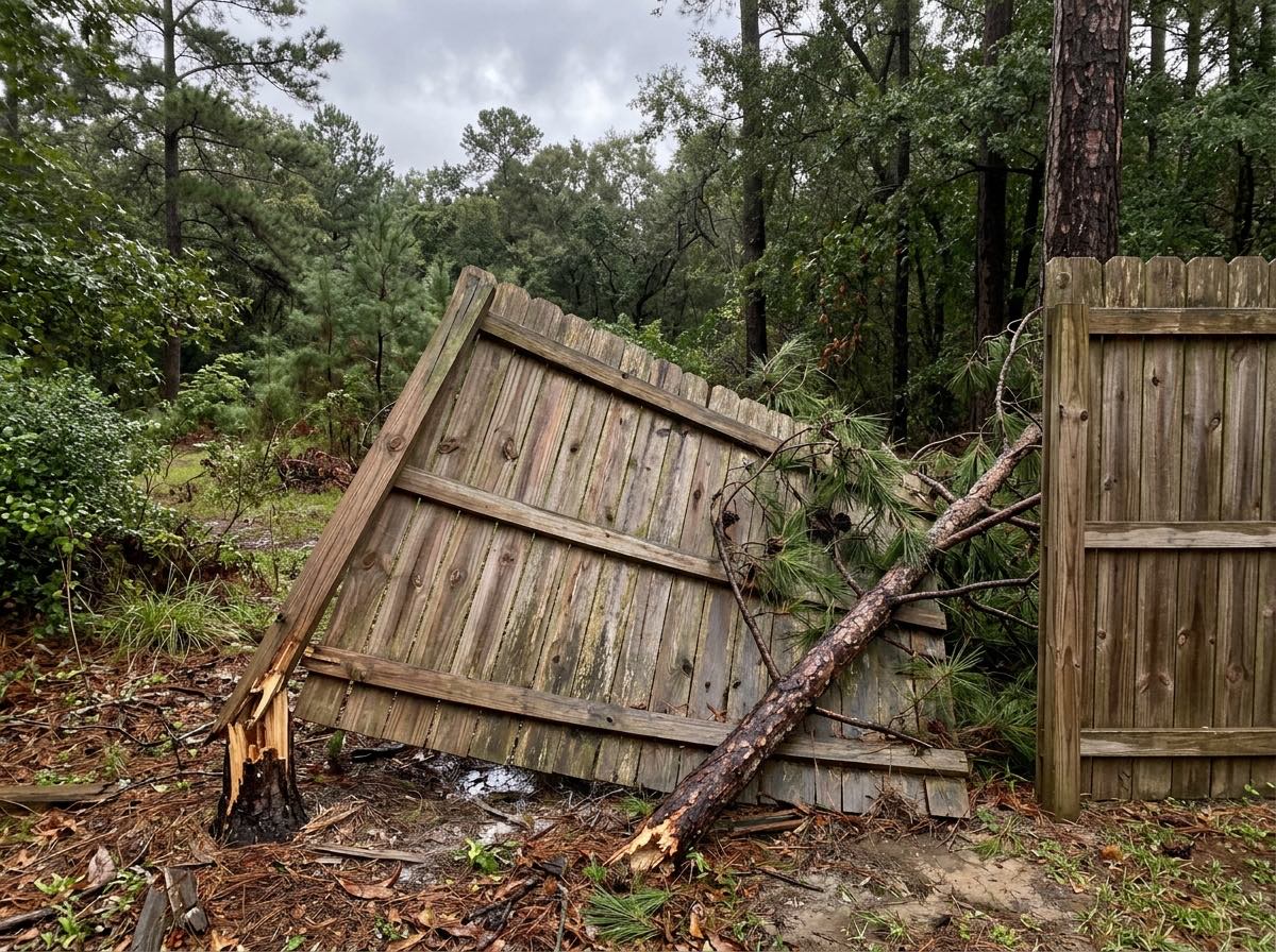 Wooden privacy fence section leaning after a storm with a fallen pine branch