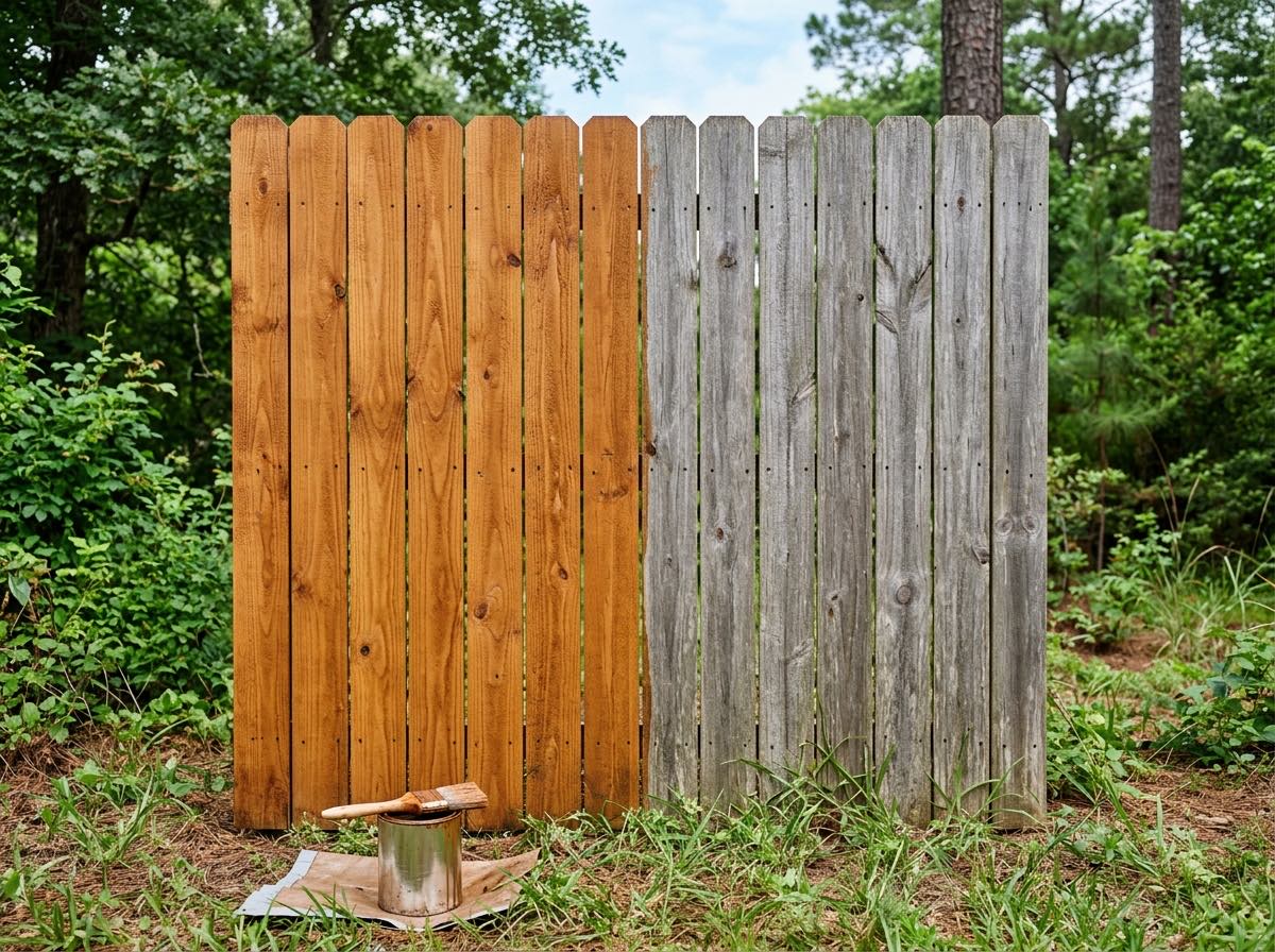 Wood privacy fence half stained in cedar tone and half weathered gray