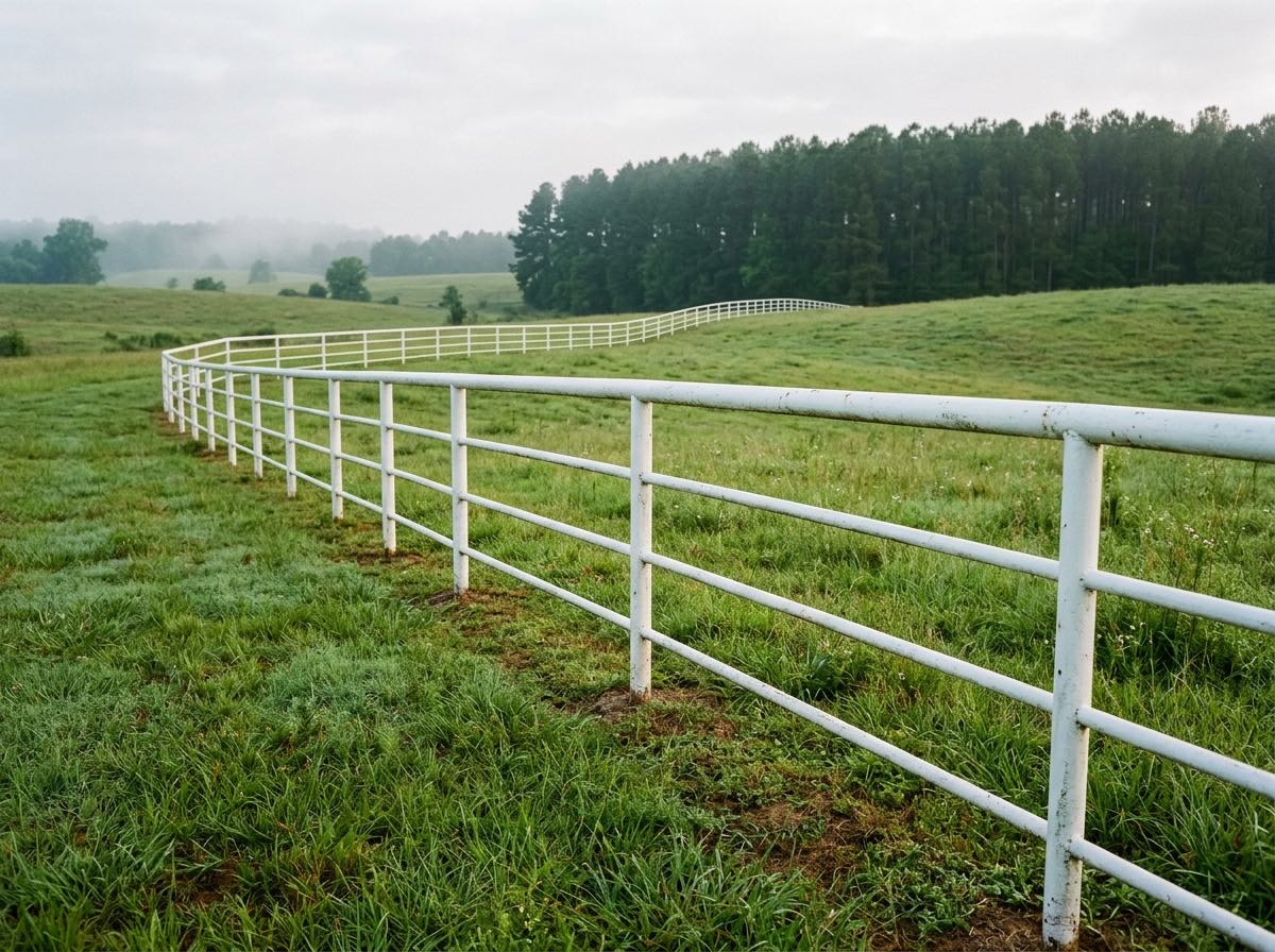White welded pipe ranch fence along a green pasture with pines behind
