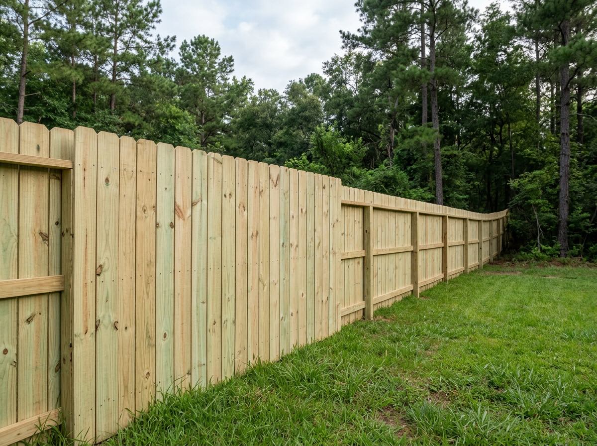 New pressure-treated pine dog-ear privacy fence around an East Texas backyard